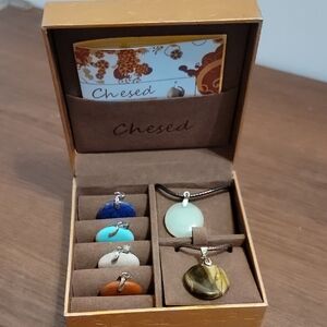 Women's Pendant Necklace Set - Blue, White, Brown, Gold